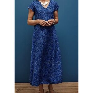 J. Jill Love Linen V-Neck Maxi Dress Lg Blue Paisley Bright Colorful Resortwear